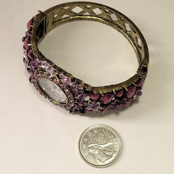 Purple Rhinestone Watch Cuff Band Round Face Ornate Fashion Watch - NEW ! - Picture 6 of 16